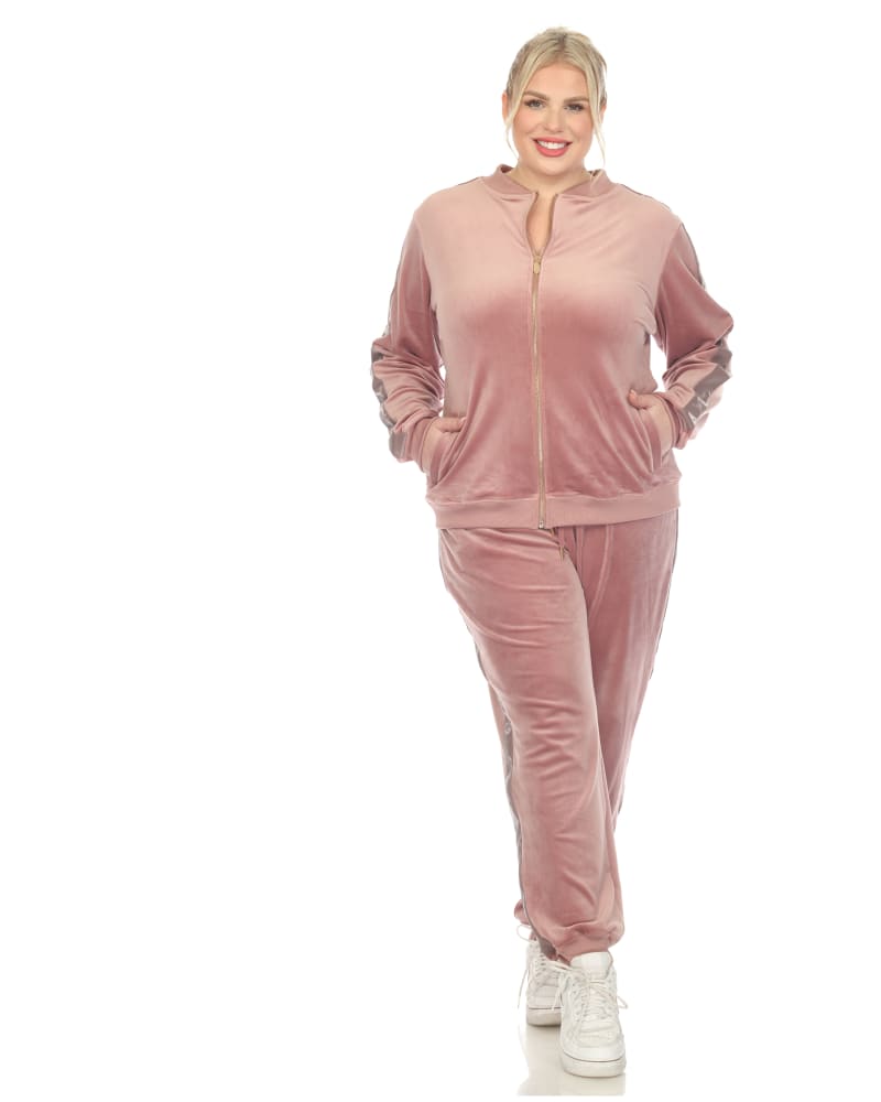 Front of a model wearing a size 2X Plus Size 2-Piece Velour with Faux Leather Stripe in Pink by White Mark. | dia_product_style_image_id:320055